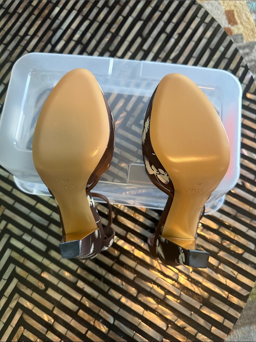 Gucci Brown Floral Leather Bow Ankle-Strap Heels - Picture 7 of 8